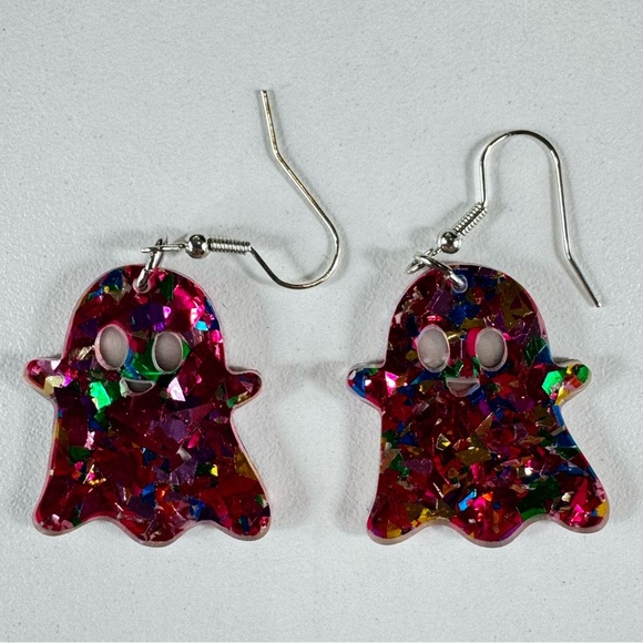 NWT Halloween Pink Sparkle Acrylic Ghost Dangle Earrings - Picture 3 of 5